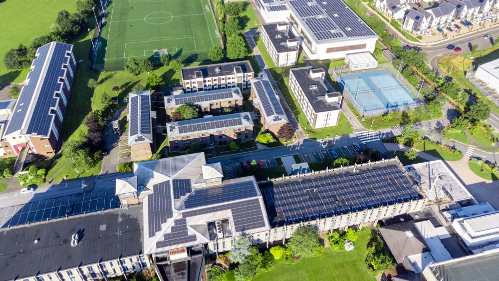 Aerial photo of 2000 solar panels on Marjon campus