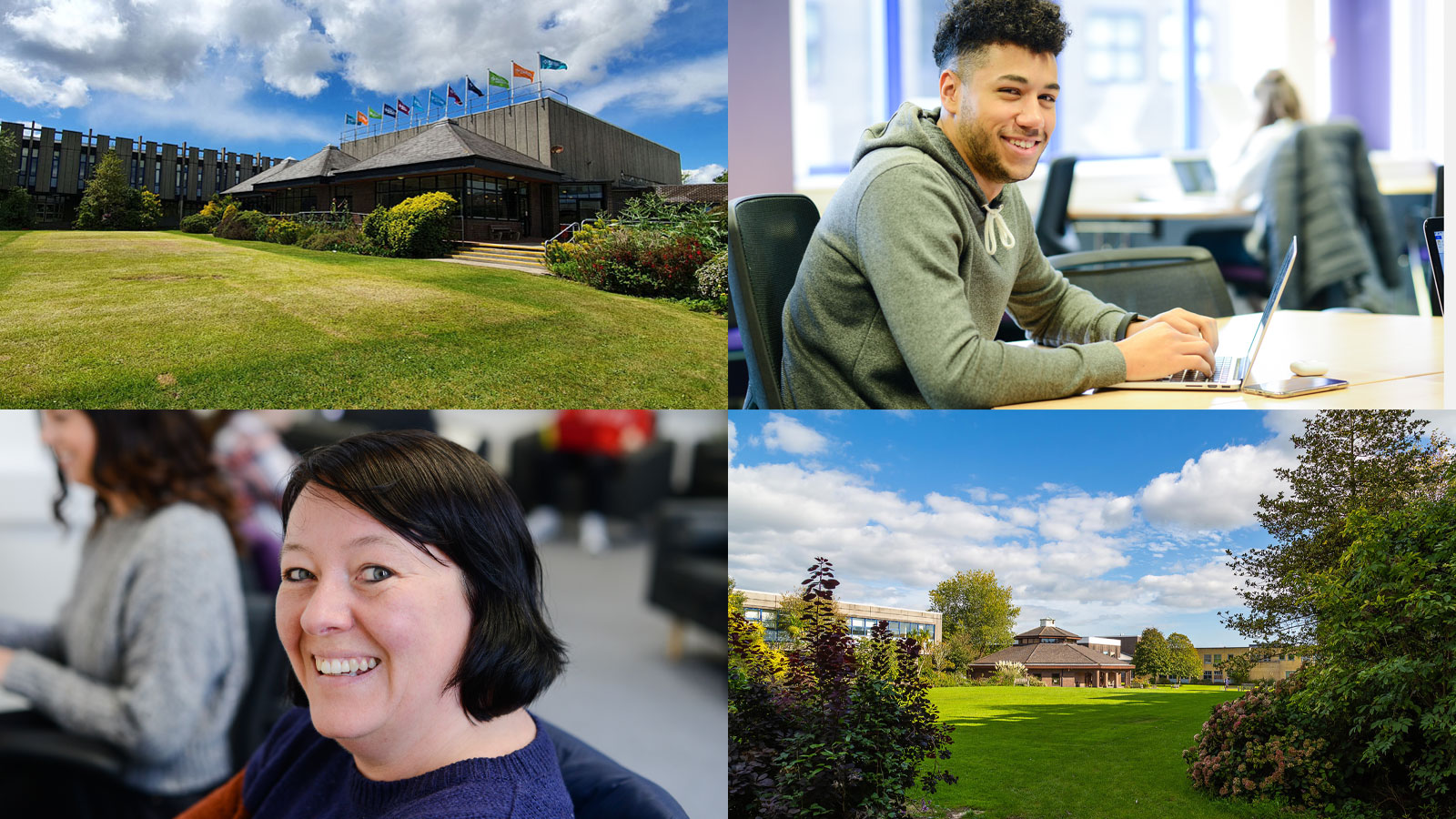 A collage of photos of Marjon campus and students