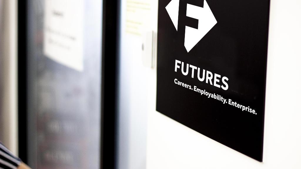 The Marjon Futures logo on the wall outside the Futures office